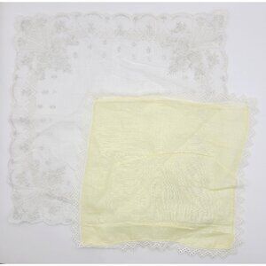 Vtg Lace Embroidered Handkerchiefs Set Of 2 White Light Yellow Lace Scalloped